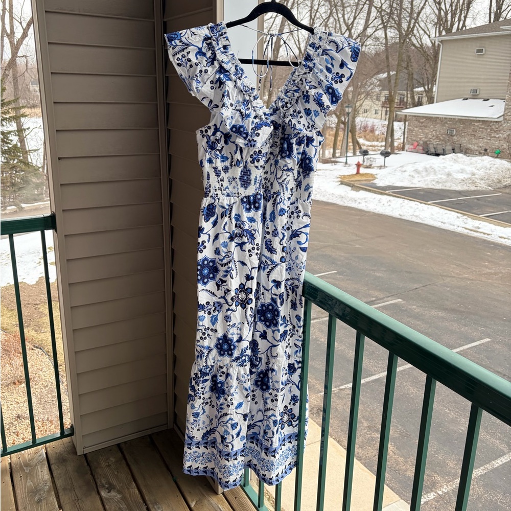 🆕🫐Adrianna Papell Blue White Floral Ruffle Midi Dress Waist Cottagecore 14 NWT - Picture 5 of 17